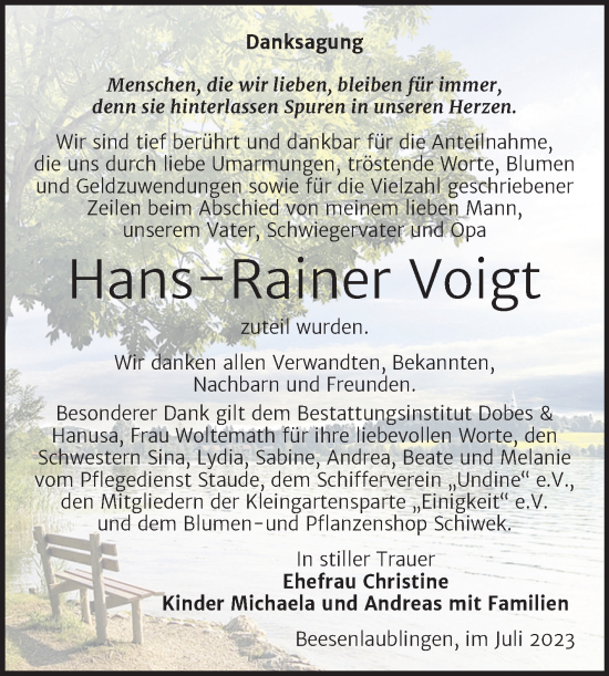 Traueranzeige von Hans-Rainer Voigt von Trauerkombi Bernburg
