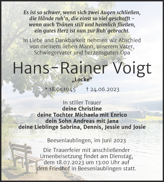 Traueranzeige von Hans-Rainer Voigt von Trauerkombi Bernburg