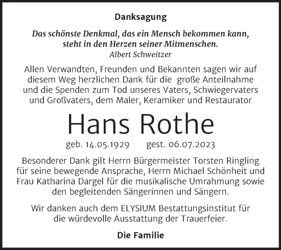 Traueranzeige von Hans Rothe von Mitteldeutsche Zeitung Halle/Saalkreis