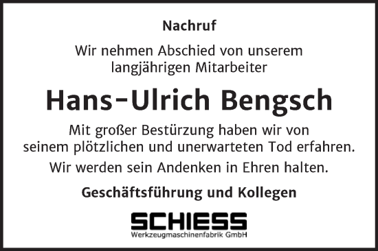 Traueranzeige von Hans-Ulrich Bengsch von Super Sonntag Aschersleben
