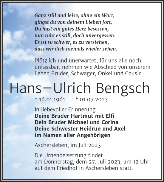 Traueranzeige von Hans-Ulrich Bengsch von Trauerkombi Aschersleben