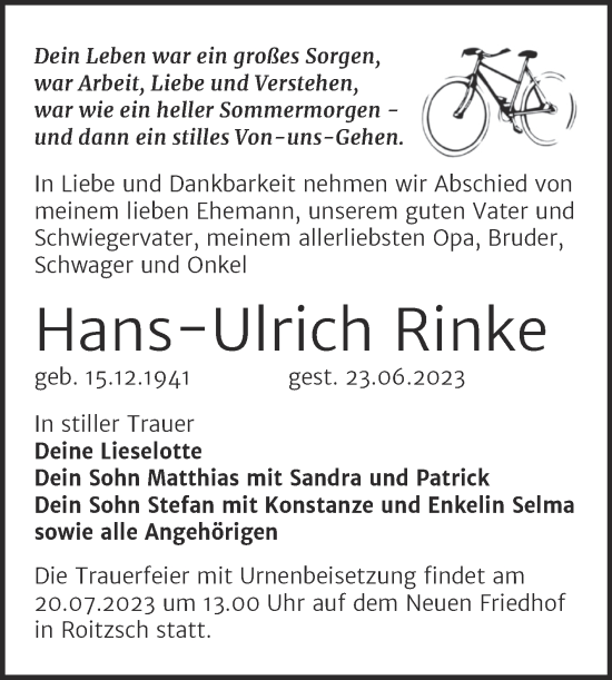 Traueranzeige von Hans-Ulrich Rinke von Trauerkombi Bitterfeld