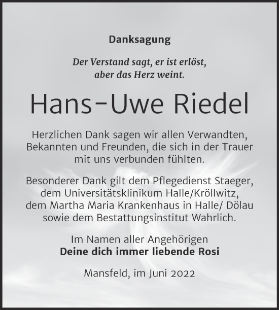 Traueranzeige von Hans-Uwe Riedel von Trauerkombi Mansfelder Land