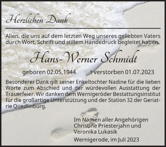 Traueranzeige von Hans-Werner Schmidt von Volksstimme Wernigerode
