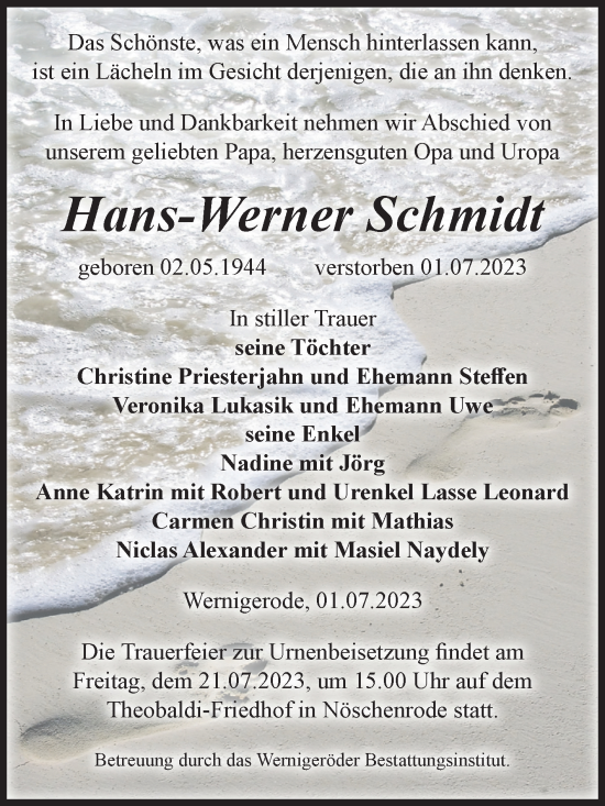 Traueranzeige von Hans-Werner Schmidt von Volksstimme Wernigerode