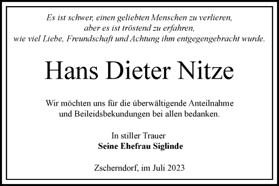Traueranzeige von Hans Dieter Nitze von Trauerkombi Bitterfeld