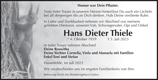 Traueranzeige von Hans Dieter Thiele von Volksstimme Halberstadt