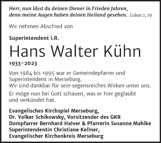 Traueranzeige von Hans Walter Kühn von Mitteldeutsche Zeitung Merseburg/Querfurt