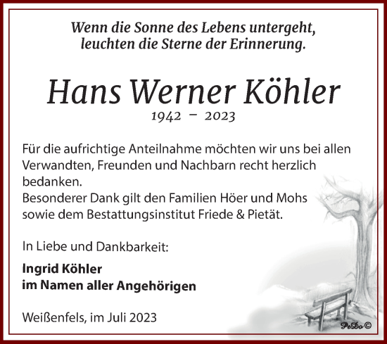 Traueranzeige von Hans Werner Köhler von Trauerkombi Weißenfels