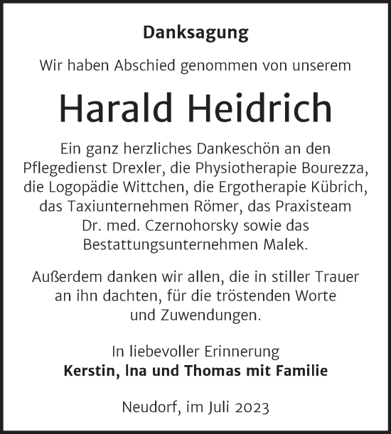 Traueranzeige von Harald Heidrich von Trauerkombi Quedlinburg