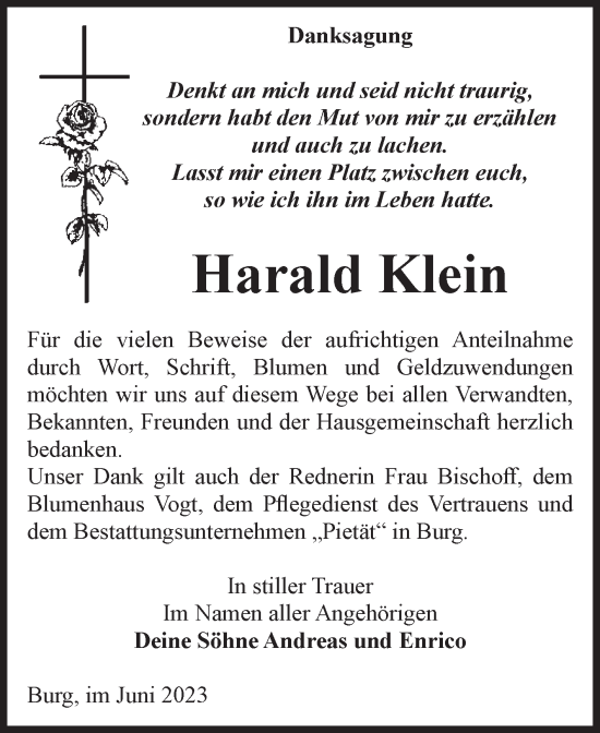 Traueranzeige von Harald Klein von Volksstimme Burg/Genthin