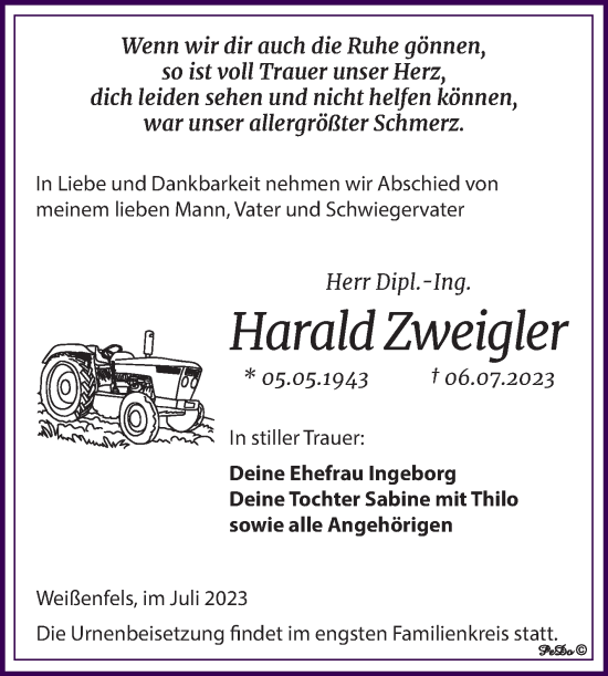 Traueranzeige von Harald Zweigler von Mitteldeutsche Zeitung Weißenfels