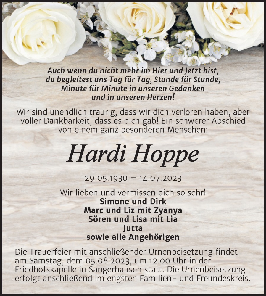  Traueranzeige für Hardi Hoppe vom 22.07.2023 aus Trauerkombi Sangerhausen