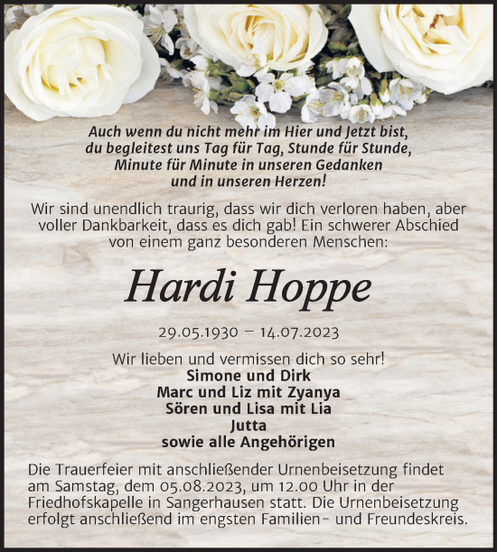 Traueranzeige von Hardi Hoppe von Trauerkombi Sangerhausen