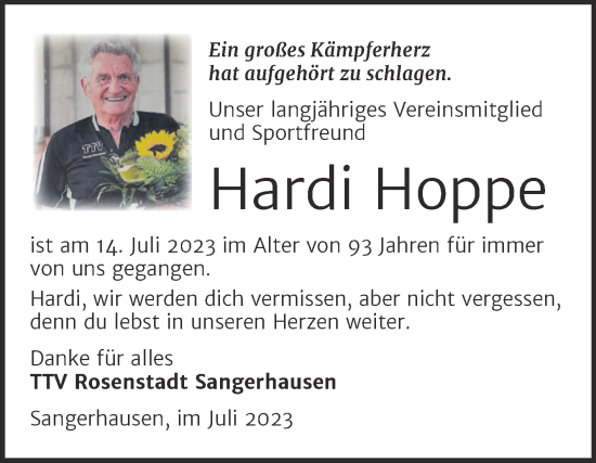 Traueranzeige von Hardi Hoppe von Super Sonntag Sangerhausen