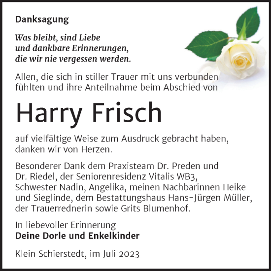 Traueranzeige von Harry Frisch von Trauerkombi Aschersleben