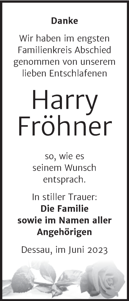 Traueranzeige von Harry Fröhner von Trauerkombi Dessau
