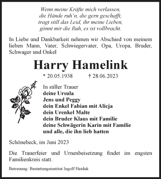 Traueranzeige von Harry Hamelink von Volksstimme Schönebeck