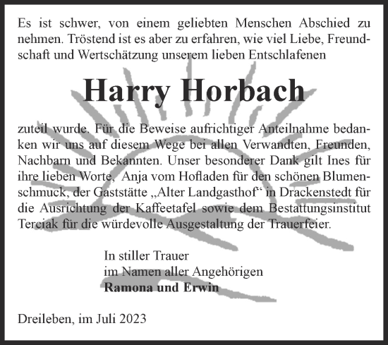 Traueranzeige von Harry Horbach von Volksstimme Oschersleben/Wanzleben