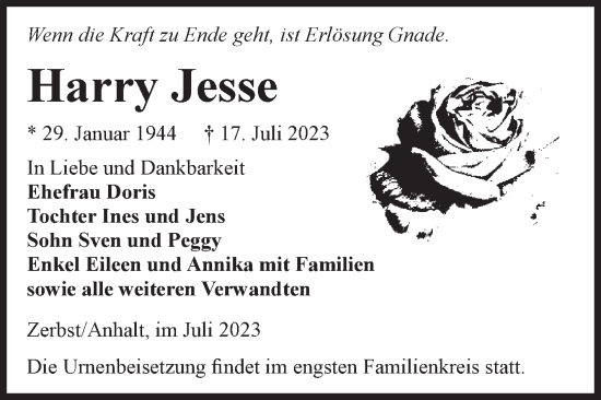 Traueranzeige von Harry Jesse von Volksstimme Zerbst