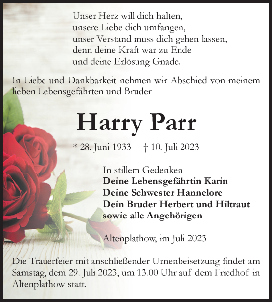 Traueranzeige von Harry Parr von Volksstimme Burg/Genthin