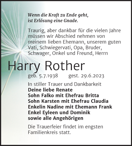 Traueranzeige von Harry Rother von Trauerkombi Weißenfels