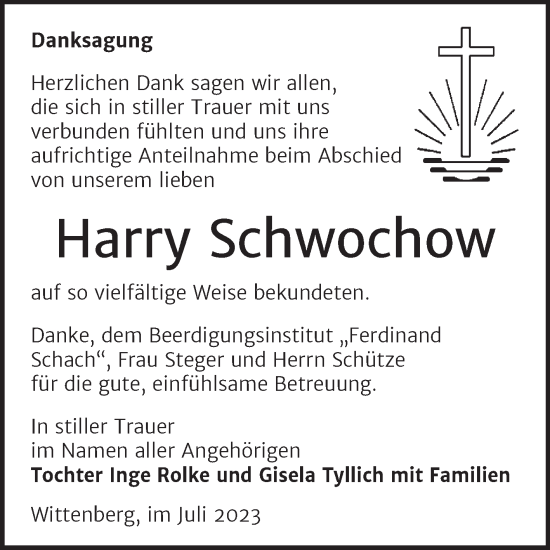 Traueranzeige von Harry Schwochow von Trauerkombi Wittenberg