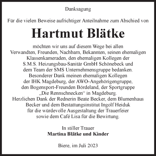 Traueranzeige von Hartmut Blätke von Volksstimme Schönebeck