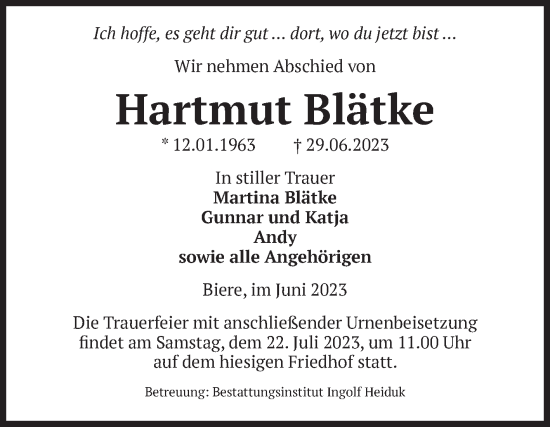 Traueranzeige von Hartmut Blätke von Volksstimme Schönebeck