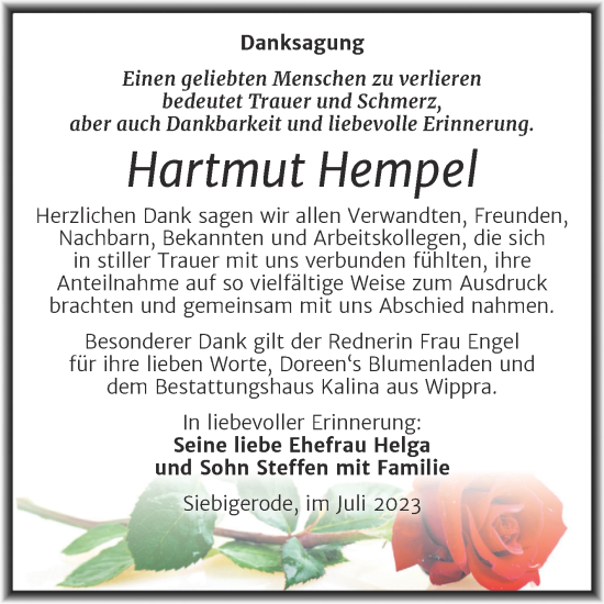 Traueranzeige von Hartmut Hempel von Trauerkombi Mansfelder Land