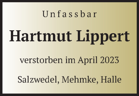 Traueranzeige von Hartmut Lippert von Volksstimme Altmark West