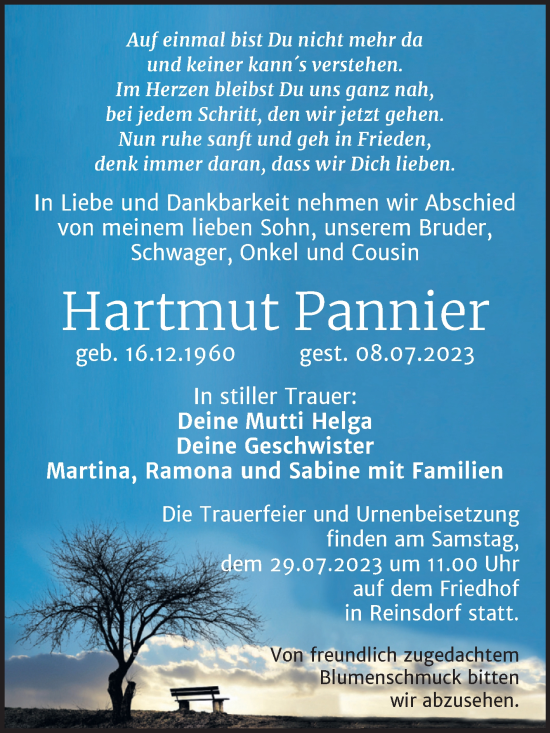 Traueranzeige von Hartmut Pannier von Trauerkombi Köthen