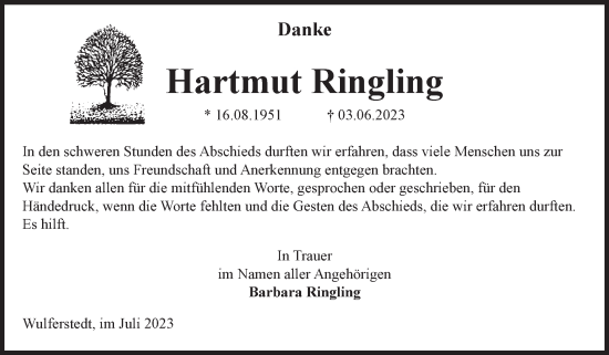 Traueranzeige von Hartmut Ringling von Volksstimme Oschersleben/Wanzleben