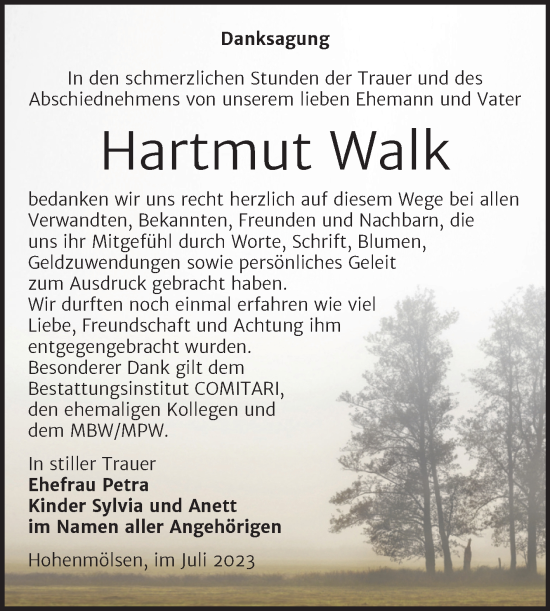 Traueranzeige von Hartmut Walk von Trauerkombi Weißenfels