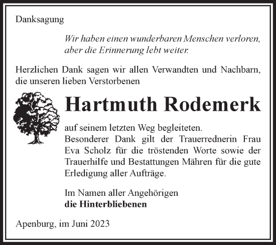 Traueranzeige von Hartmuth Rodemerk von Volksstimme Altmark West