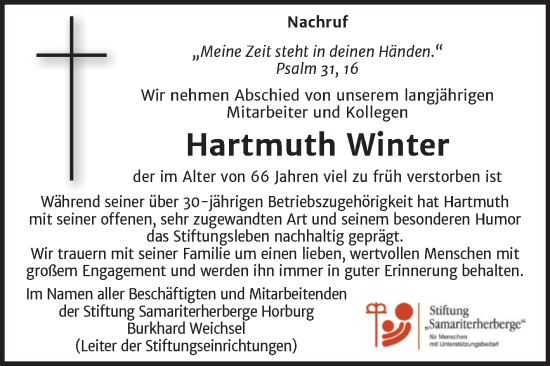 Traueranzeige von Hartmuth Winter von Super Sonntag Merseburg/Querfurt