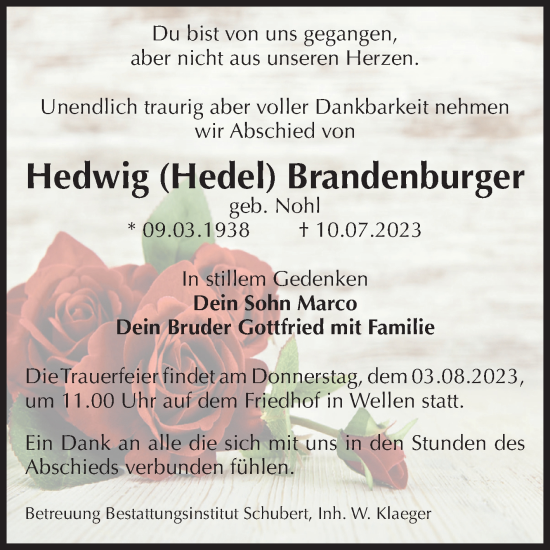 Traueranzeige von Hedwig Brandenburger von Volksstimme Haldensleben/Wolmirstedt