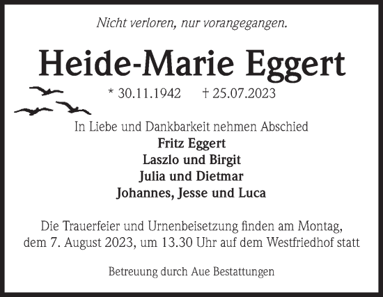 Traueranzeige von Heide-Marie Eggert von Volksstimme Magdeburg