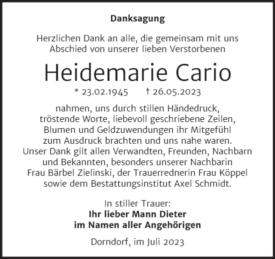 Traueranzeige von Heidemarie Cario von Wochenspiegel Naumburg/Nebra
