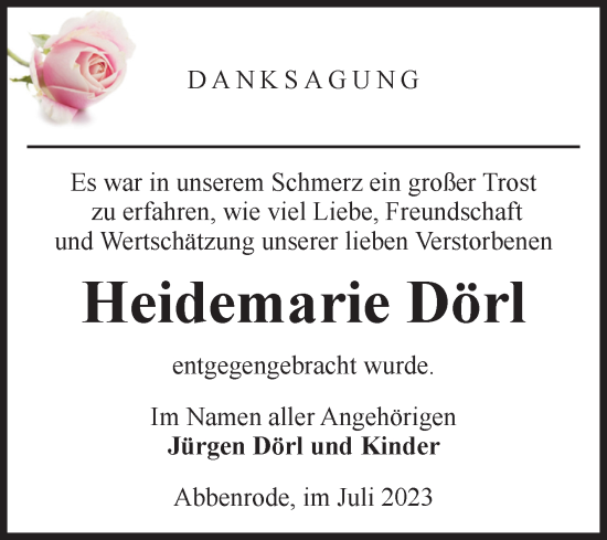 Traueranzeige von Heidemarie Dörl von Volksstimme Wernigerode