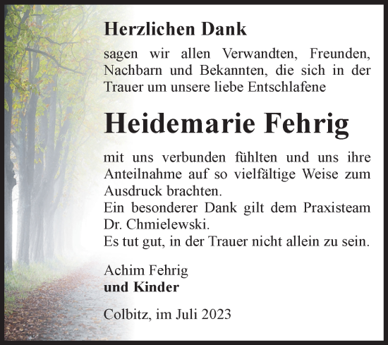 Traueranzeige von Heidemarie Fehrig von Volksstimme Haldensleben/Wolmirstedt