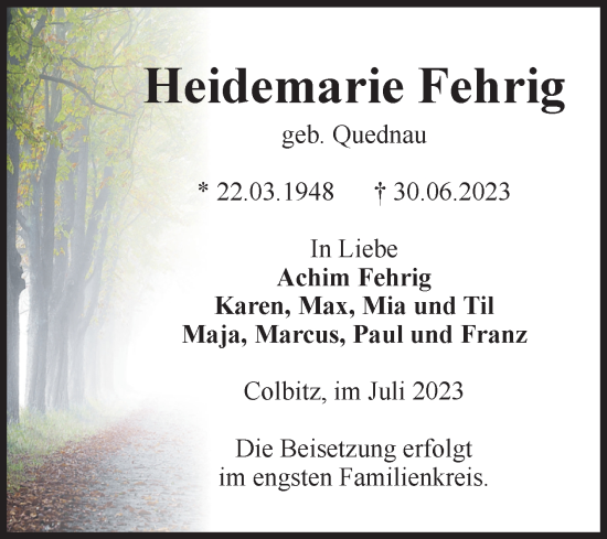 Traueranzeige von Heidemarie Fehrig von Volksstimme Haldensleben/Wolmirstedt