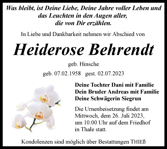 Traueranzeige von Heiderose Behrendt von Trauerkombi Quedlinburg