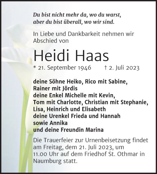 Traueranzeige von Heidi Haas von Wochenspiegel Naumburg/Nebra