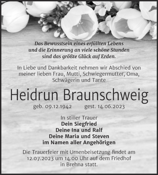Traueranzeige von Heidrun Braunschweig von Trauerkombi Bitterfeld