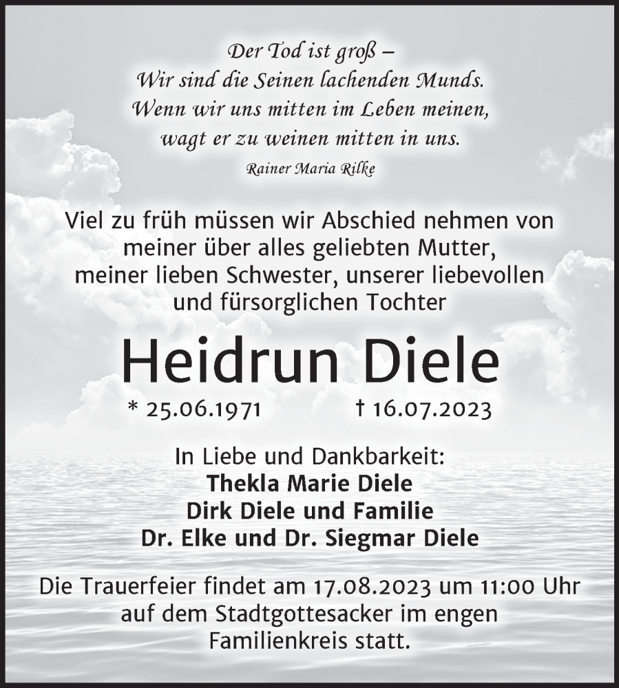  Traueranzeige für Heidrun Diele vom 22.07.2023 aus Mitteldeutsche Zeitung Halle/Saalkreis