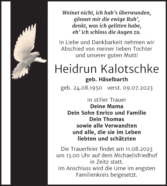 Traueranzeige von Heidrun Kalotschke von Trauerkombi Zeitz