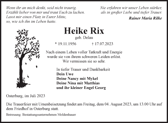 Traueranzeige von Heike Rix von Volksstimme Altmark Ost