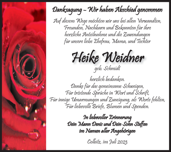 Traueranzeige von Heike Weidner von Volksstimme Haldensleben/Wolmirstedt