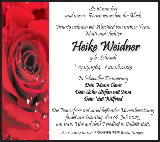 Traueranzeige von Heike Weidner von Volksstimme Haldensleben/Wolmirstedt